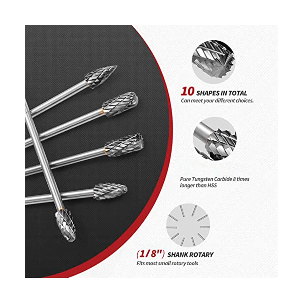 6-Inch 10PCS Carbide Burr Set, Double Cut Tungsten 3mm (1/8Inch) Shank Carbide Rotary Burr Rotary Files Diamond Burs Bit