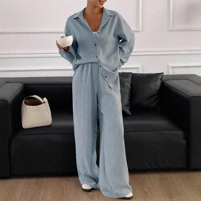 

2026 European American Cross-Border Spring Autumn New Casual Lazy Style Loose Cotton Linen Sleeve Shirt And Long Pants Two-Piece