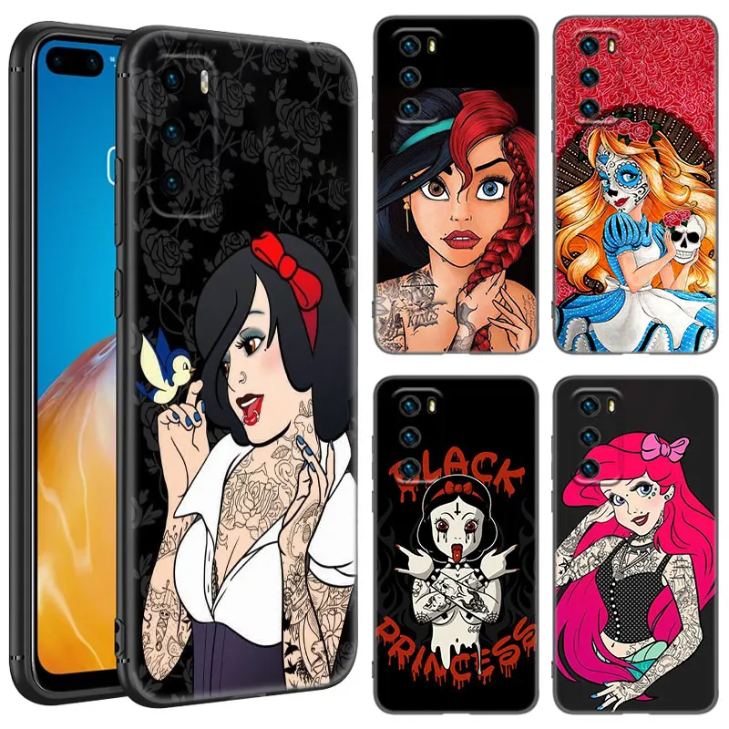 Tattoo Princess Black Silicone Phone Case For Huawei P10 P20 P30 P40 Lite P50 P60 Art P50E P Smart Z 2018 2020 2021 Pro 2019