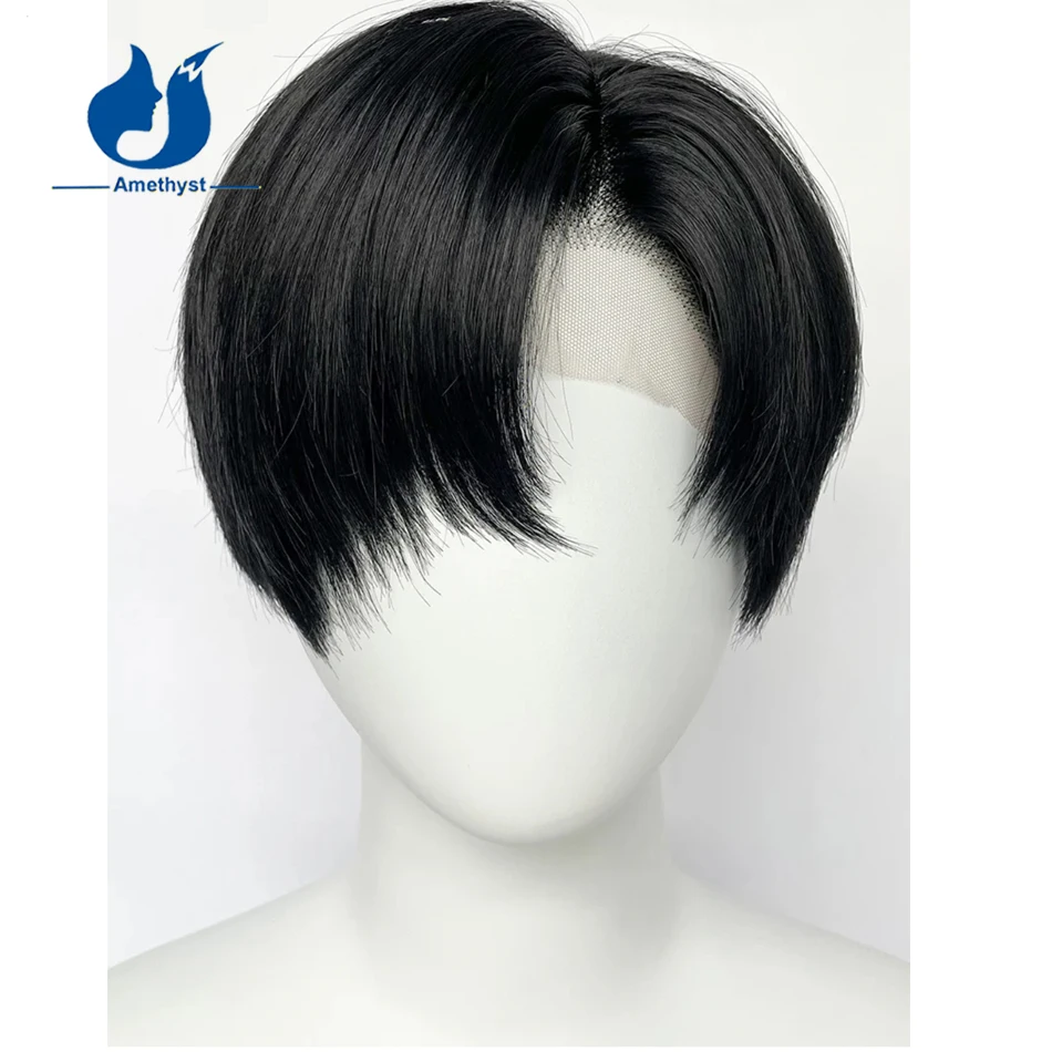 

Amethyst Black Men's Short Cut Wig 13x6 Lace Front Cap Brazilian Remy Human Hair Pre Plucked Straight Hair Replacement