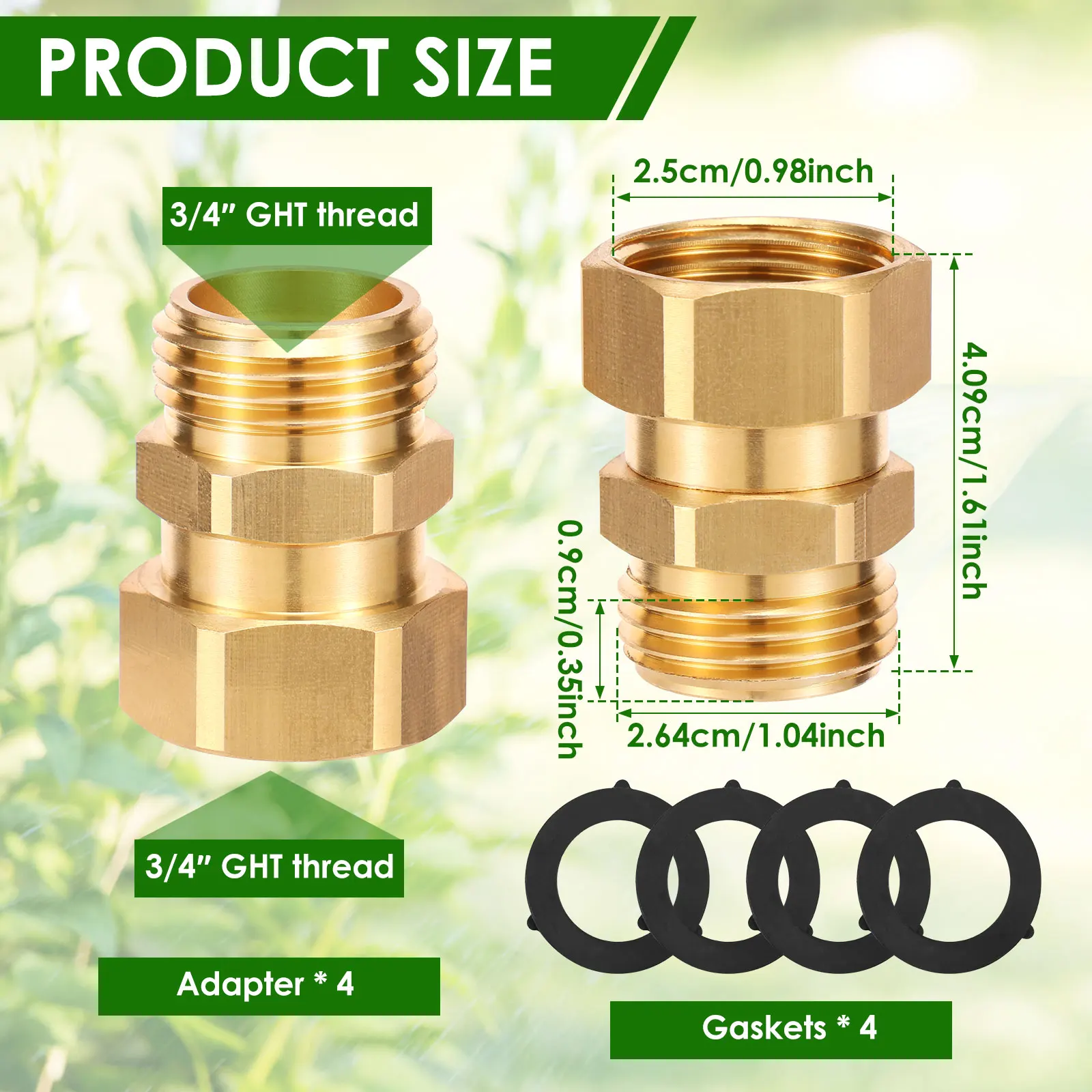 Garden Hose Swivel Adapter 3/4 Inch GHT Heavy Duty Brass 360 Degree Rotating Leakproof 4Pcs 4 Washers for Outdoor Lawn Watering