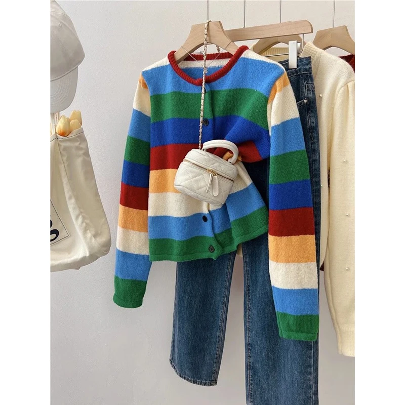 Autunno donna Trendy Vintage Rainbow Striped Chic Button Cardigan lavorato a maglia femminile Casual O collo manica lunga cappotto maglione Outewear