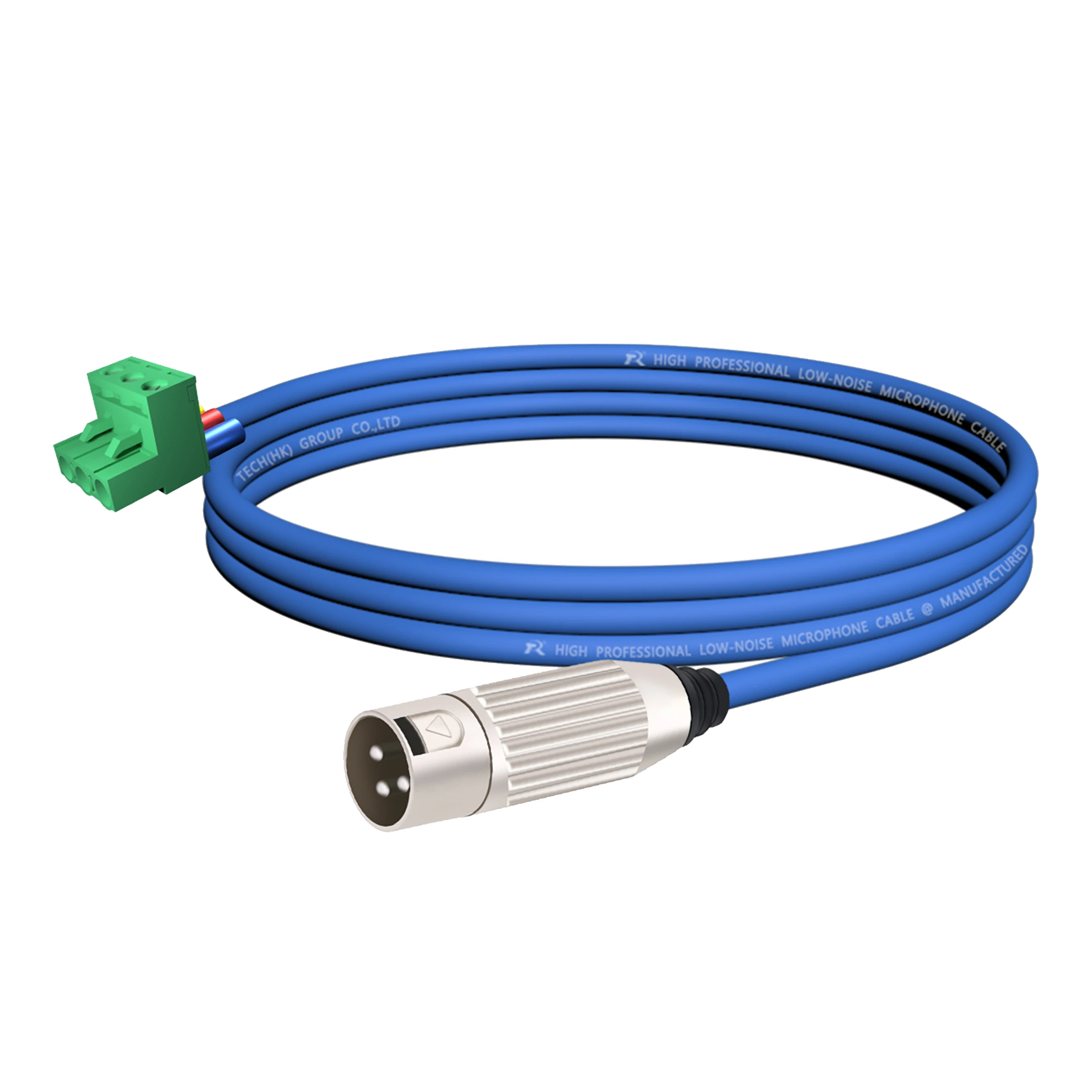 3-poliger Phoenix-Stecker, verbunden mit einem versilberten XLR 3-poligen Stecker, farbcodiertes Kabel, geeignet für professionelle Audiogeräte. – Detail 4