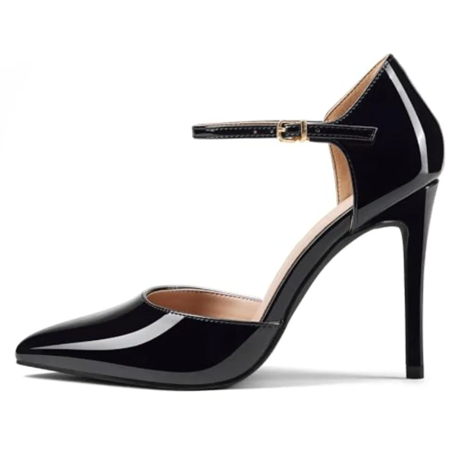 

Elisabet Tang Women's 4 Inch High Stiletto Heels, Adjustable Ankle Strap with Buckle, Strappy D'Orsay Pointed Closed Toe Pumps,