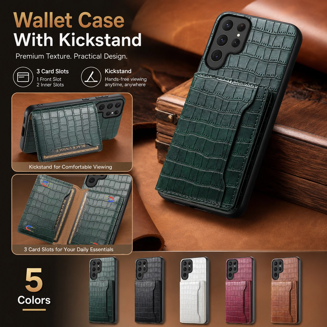 Denior Crocodile PU Leather Wallet Stand Phone Case For Samsung Galaxy S26 Ultra S26 Plus S25 S24 With 3 Card Slots Non Magnetic