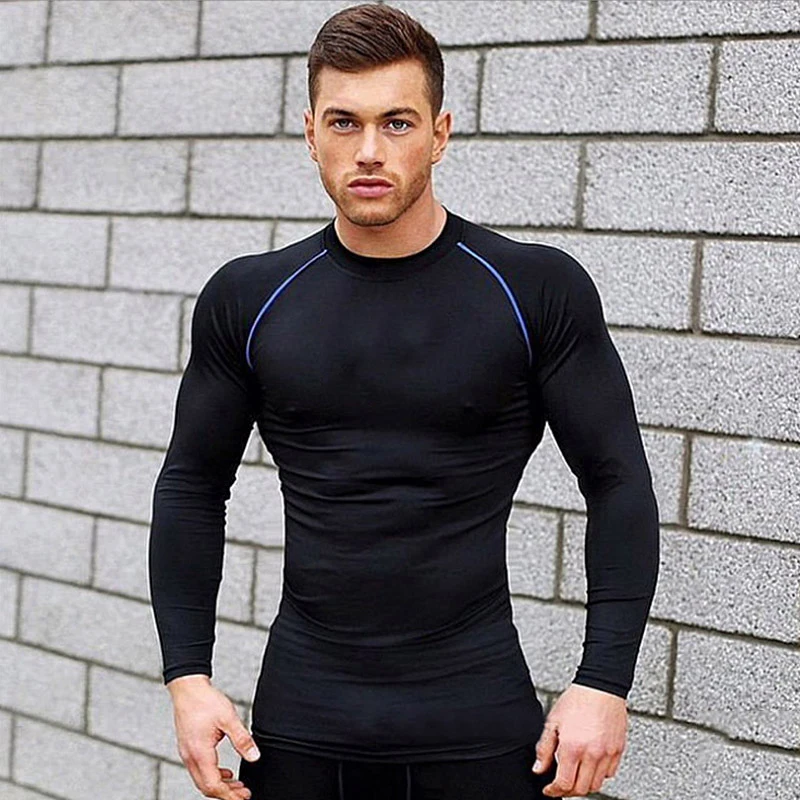 Men\'s Gym Fitness Compression Shirts Long Sleeve T-shirt Quick Dry Sweatshirt Man Bodybuilding Workout Tight Tees Casual Clothes