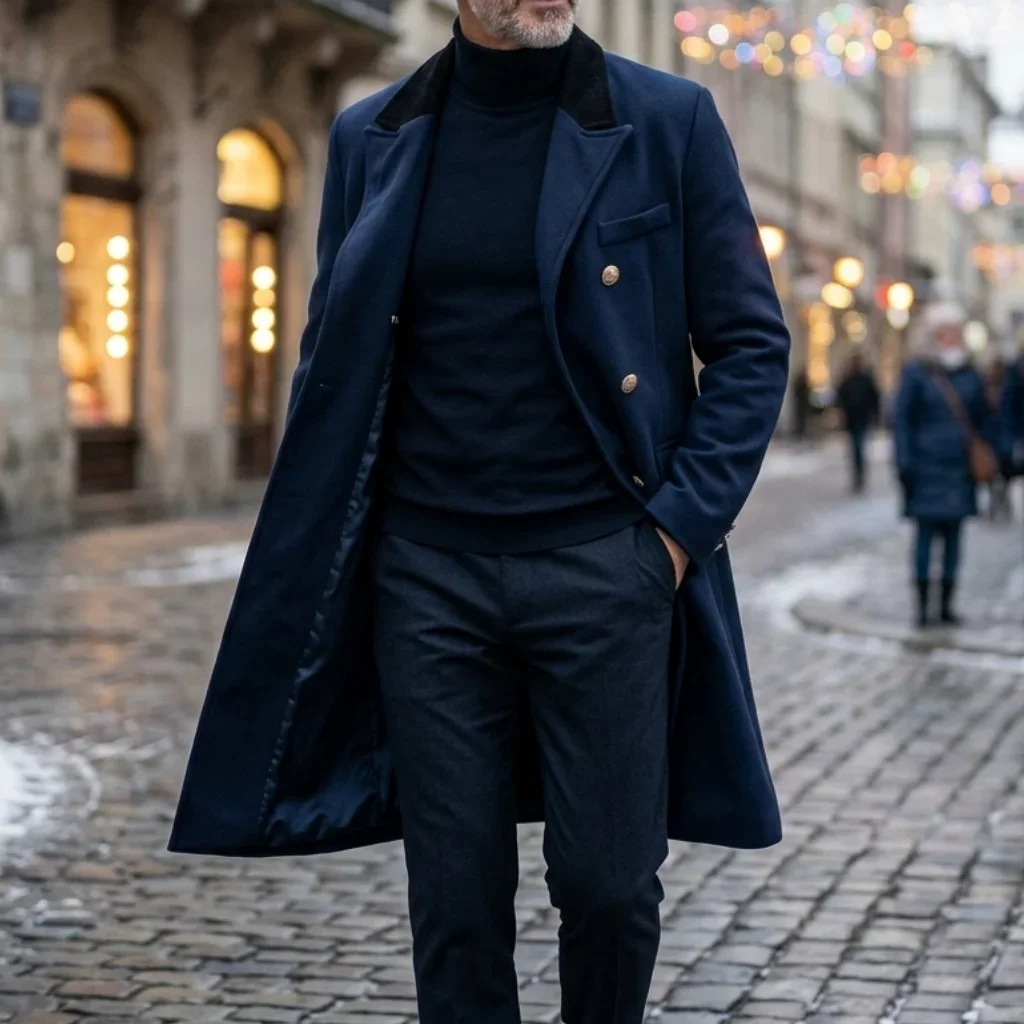 Neuer Winter-Herren-Doppelreihiger Trenchcoat mit Kontrastfarben-Design, Casual/Streetwear, Mehrere Taschen, Warme Winddichte Jacke – Detail 11