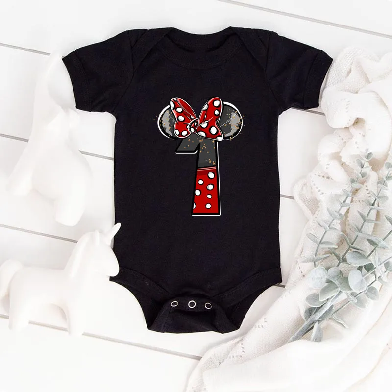 Kawaii Disney Minnie Mouse 1st Birthday Baby Bodysuit Cotton Short Sleeve Newborn Romper Birthday Partybaby Clothes for Girls