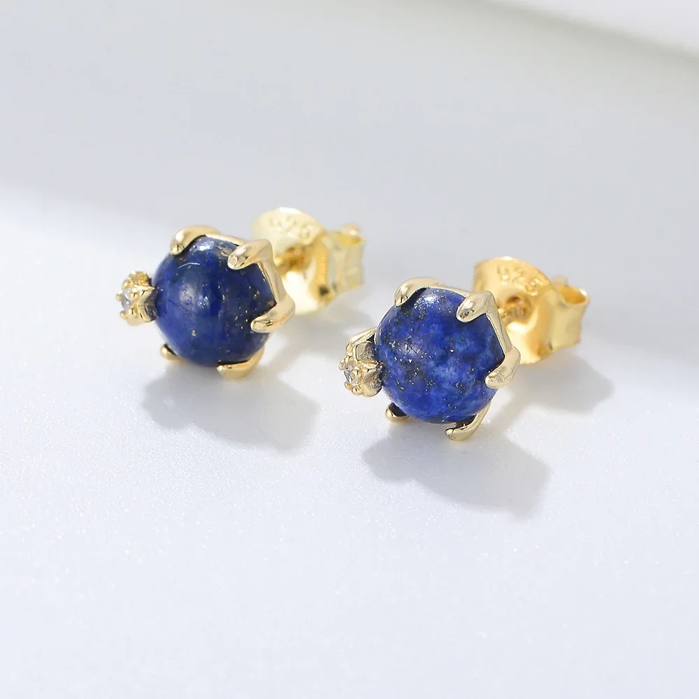 lapis lazuli round bead six-claw stud earrings, high-end sense, niche European and American ins texture gemstone earrings.