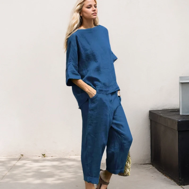 

High Street Solid Color Two Piece Sets For Women Loose Round Neck Half Sleeves Pullover T-Shirt Pocket Wide Leg Pants Suits