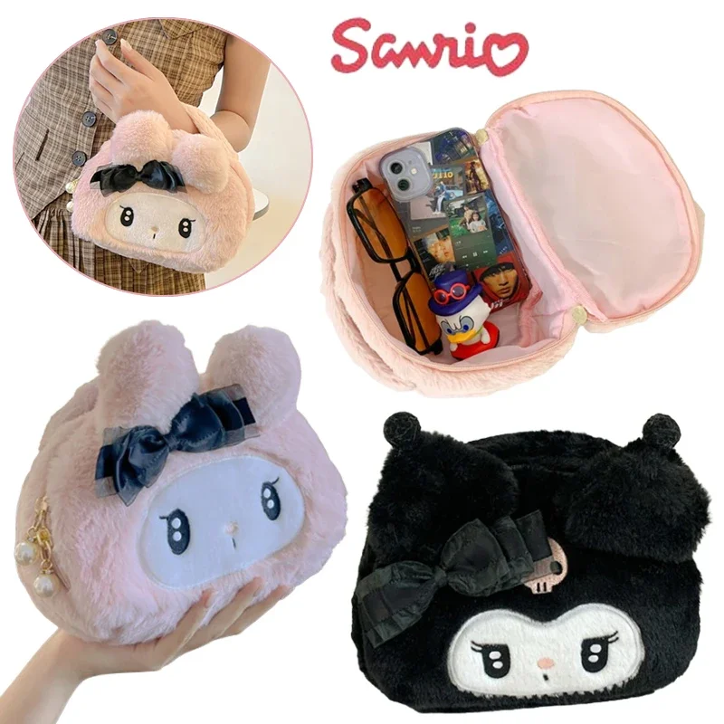 Borsa per cosmetici Sanrio Kuromi Melody Cartoon Peluche ricamato Borsa per riporre articoli da toeletta per trucco di grande capacità Borsa per il lavaggio delle donne