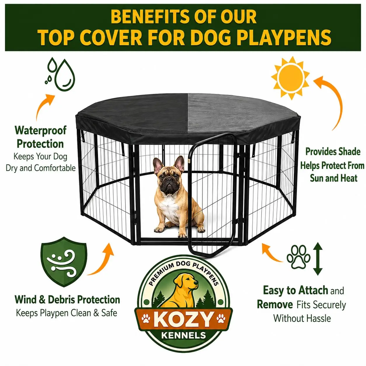Dog Playpen w/Octagon Top Shade Cover - 32 inch, 8 Panel Portable Black Metal Pet Play Pen for Small & Medium Dogs