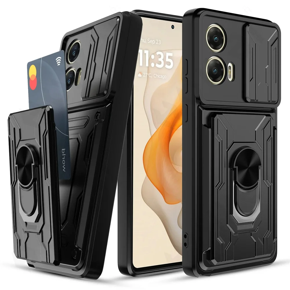 Case For Motorola Moto Edge 50 Pro Fusion 40 Neo G84 G54 4G Pro 4G 5G Card Holder Slide Camera Ring Stand Armor Kickstand Cover