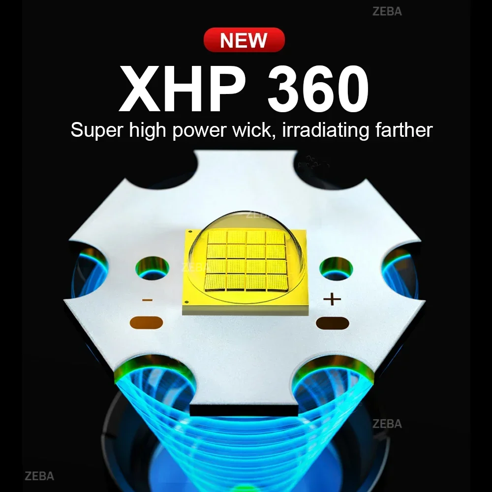XHP360 High Power LED Flashlight Rechargeable Ultra Powerful Torch Hand Lantern Tactical Flashlight Fishing Camping Zoom Lamps