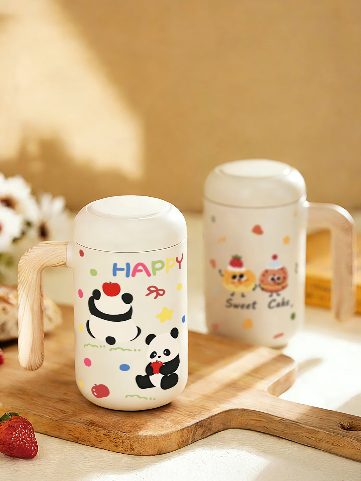 

Ceramic Inner Stainless Steel Thermal Cup with Handle Women's Tea Brewing Water Separation Cup Cute Cartoon Pattern