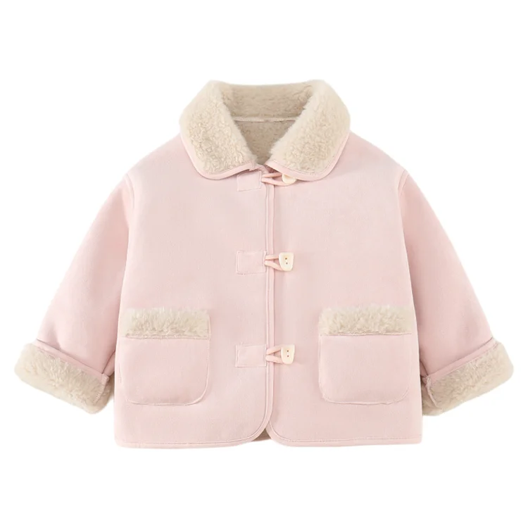

2-9 Years Girls' Sweet Pink Wool Blend Coat Warm Winter Jacket, Kids Stylish Turn - Down Collar Outerwear, Cute Winter Clothing