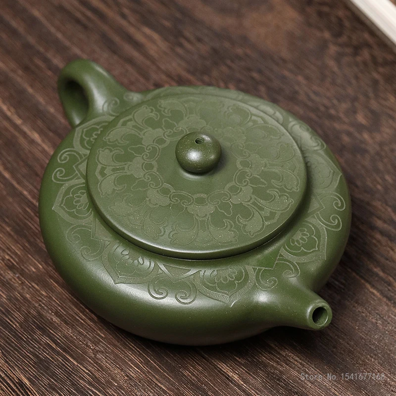 Handmade Green Mud Kettle, Yixing Purple Clay, Flat, Morning Teapot, Puer Tea Set, Kung Fu Teaware, New Chinese, 170CC, 1Pc