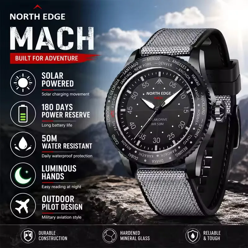 NORTH EDGE 2027 MACH Solar Power Quartz Watch Men Waterproof 50M Men's Pilot Sports Wristwatches Luminous Enviormentally Clock