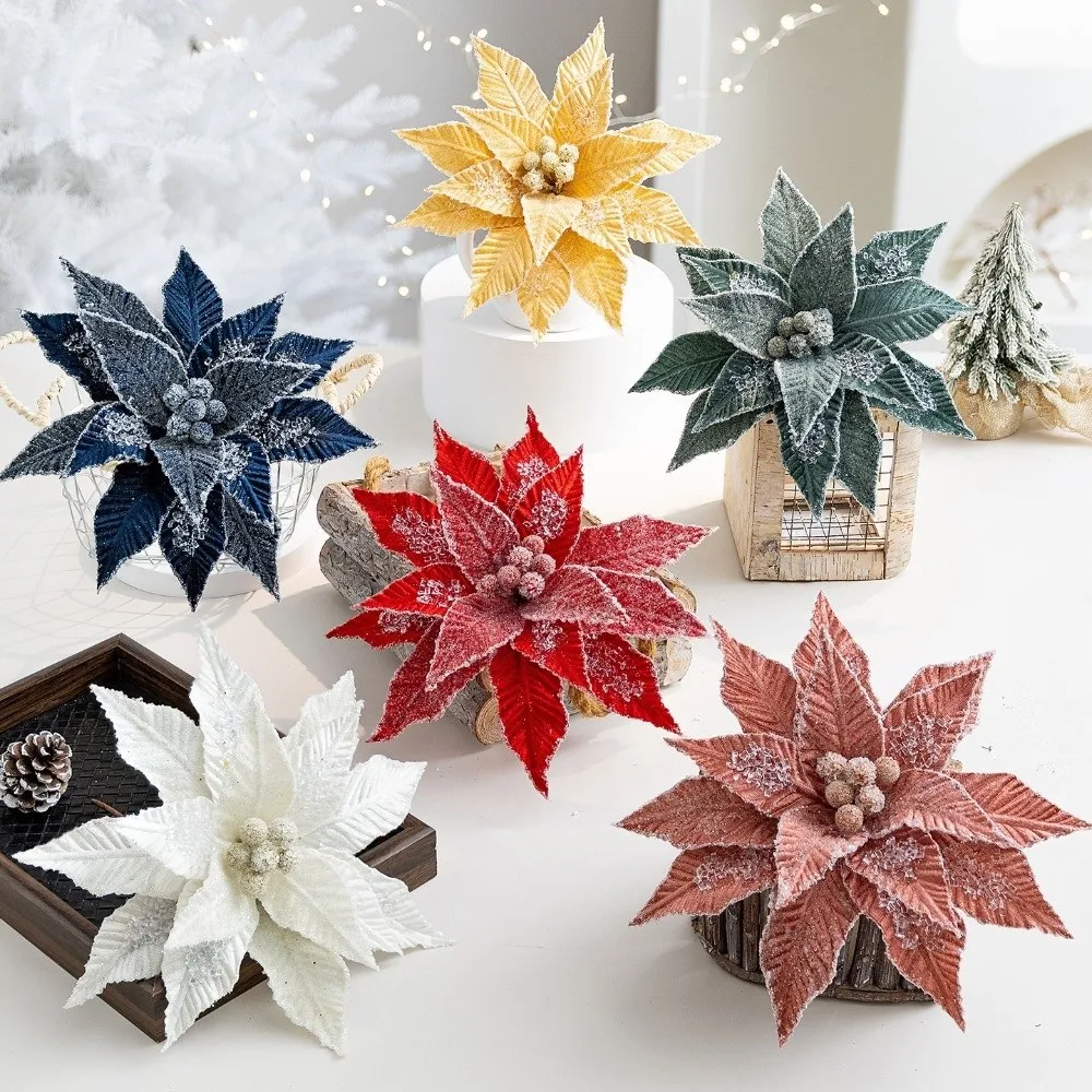 

Luxurious Faux Velvet Christmas Flower Elegant Handmade Simulated Flower Realistic with Ice Crystal Artificial Flower Home Decor