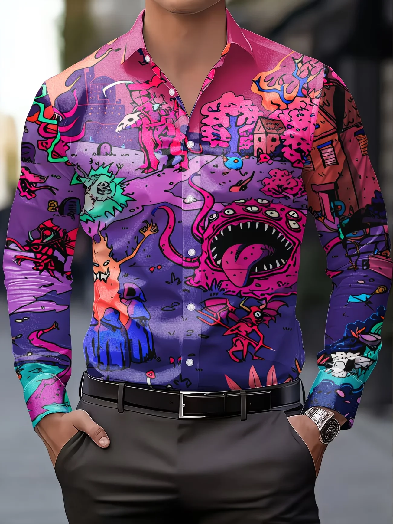 New Purple Pink Gradient Hell Monster Printed Men's Long Sleeve Shirt with Flip Collar Trendy Cool Shirt