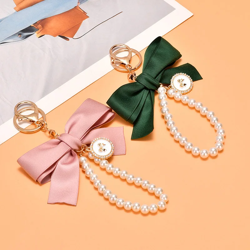 1Pc Cute Big Bow Charms Keychains with Imitation Pearl Bead Wristlet for Women Car Trinket Accessories Keyrings Bag Pendant Gift