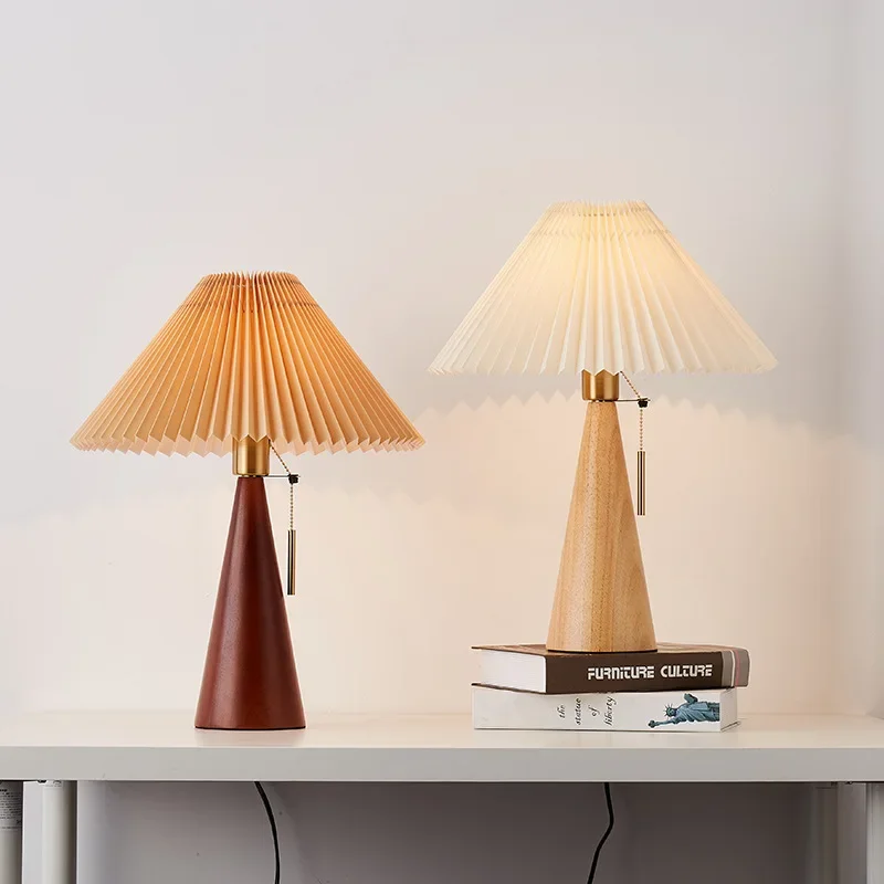 

Nordic Retro Pleated Table Lamps Solid Wood Desk Lights Korean Bedside Night Light Pleated Lampshade Home Japanese E27 Lighting