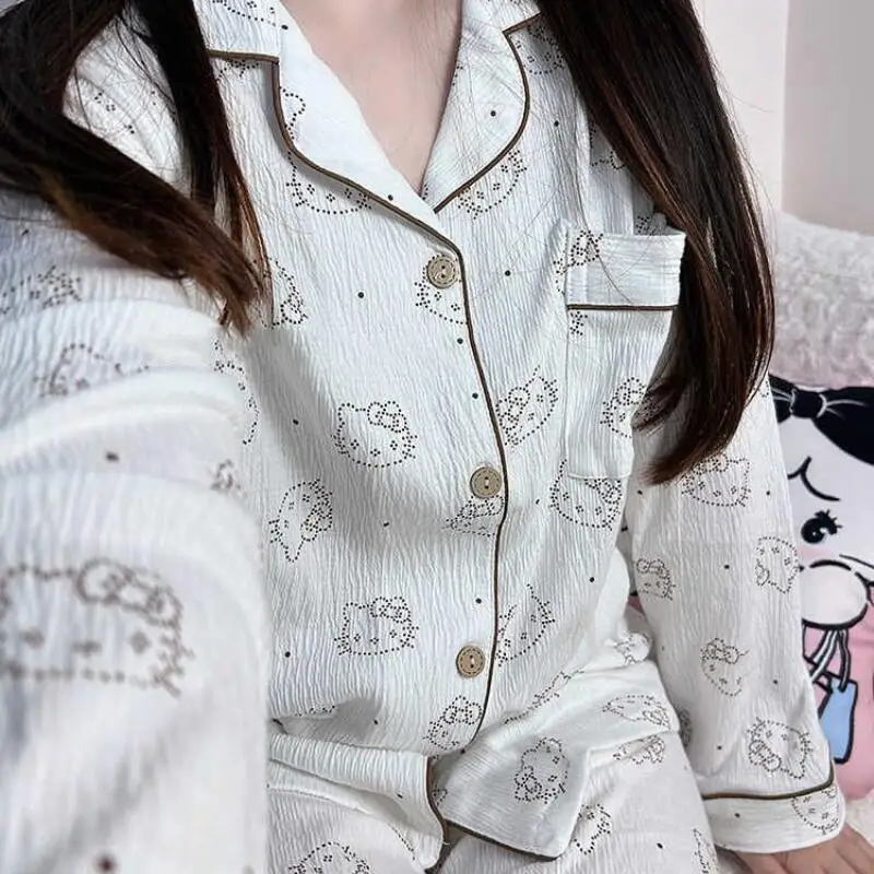 

Sanrio Hello Kitty Women Sleeping Pajamas Sets Kawaii Cartoon Spring and Autumn Long Sleeve Pants Simple Sleepwear Home Clothes