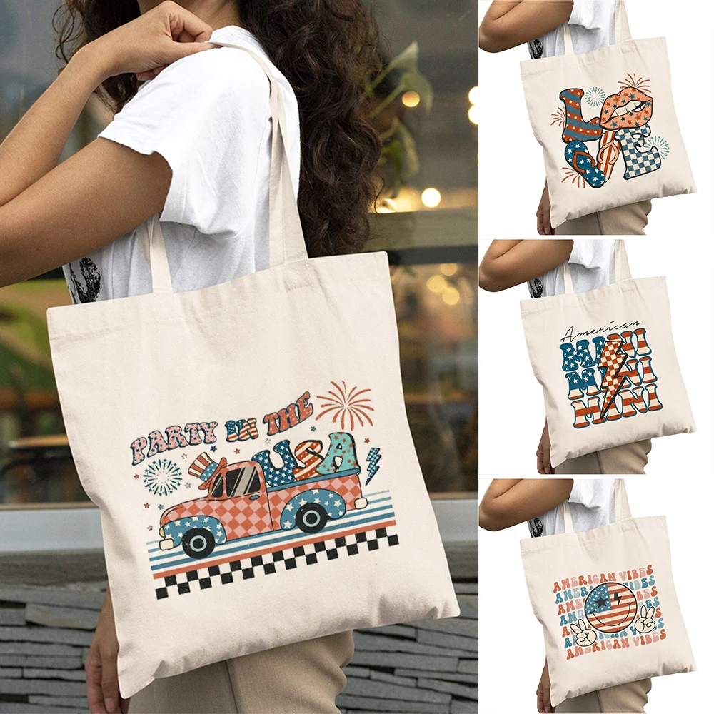 

Vintage July Hotdog Girl Shopping Bags Double Print America Letter Lady Shopper Shoulder Handbag USA Party Women Daily use Bag