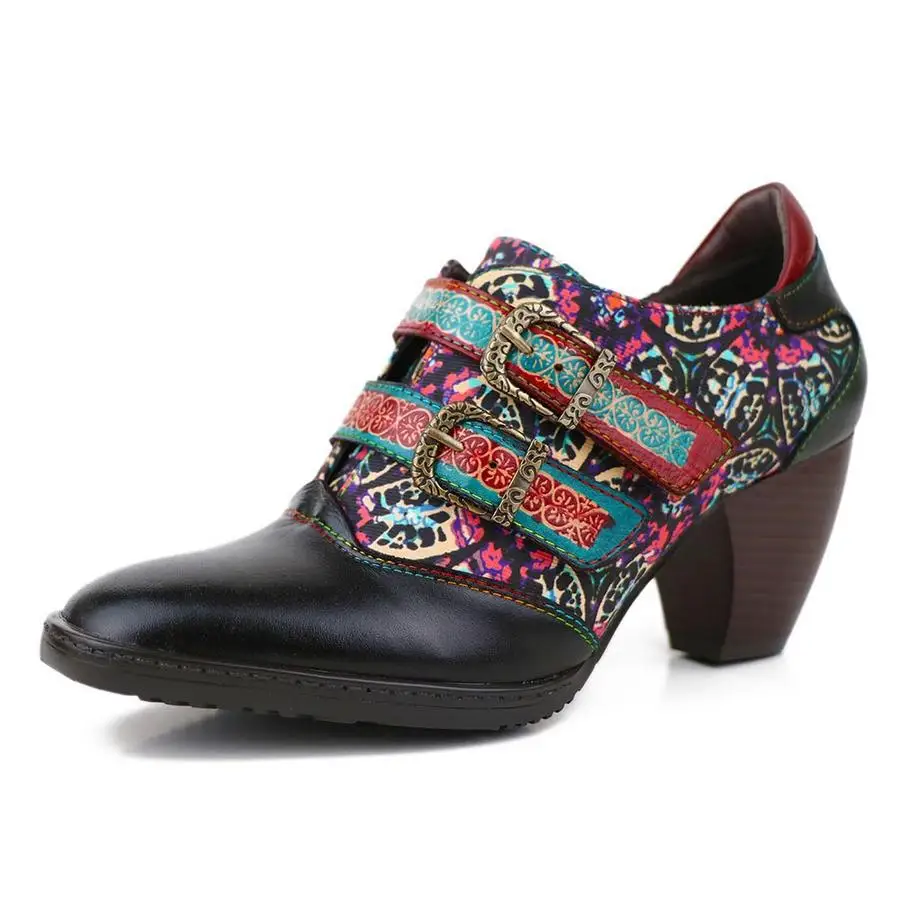 

Women Pumps Retro Printed Hook & Loop Spring/Autumn Genuine Leather Spike Heels Round Toe Casual black woman shoes