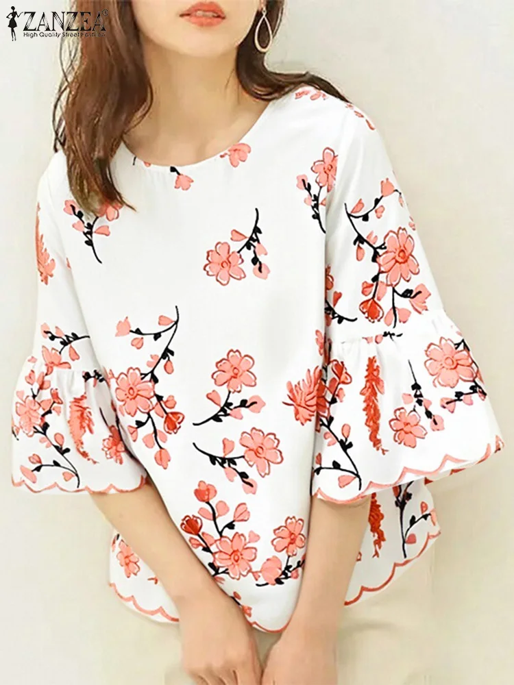

2025 ZANZEA Summer Floral Print Blouse Women Elegant Work Tunic Tops Fashion Holiday Shirt Casual O Neck 3/4 Flare Sleeve Blusas