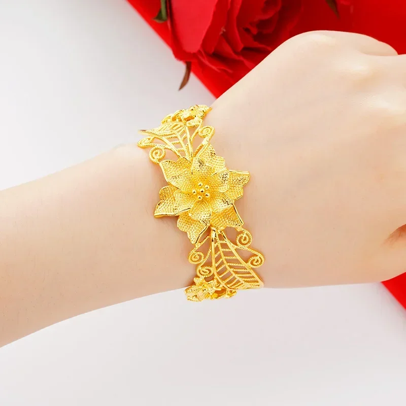 Plated 100% 24K Real Gold 18K Flower Bracelet Pure Gold-Plated Hollow Flower Bracelet Gold Bangle Wedding Bride Women's Jewelry