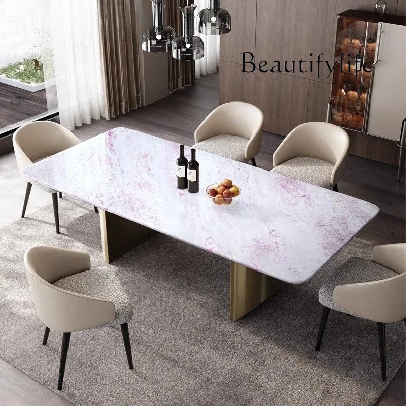 BJ Natural Marble Rectangular Dining Table Modern Simple Light Luxury Dining Table Imported Rainbow Luxury Stone Dining Table