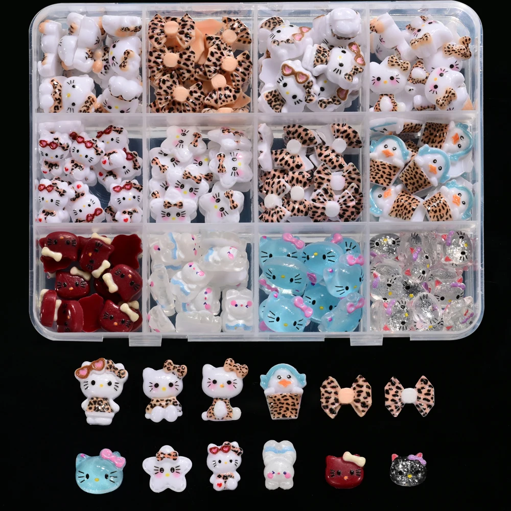 12 شبكة ليوبارد طباعة سلسلة مرحبا كيتي مسمار السحر Kawaii ليوبارد Bowknot نظارات كيتي مسمار الفن حجر الراين الكرتون مسمار أجزاء