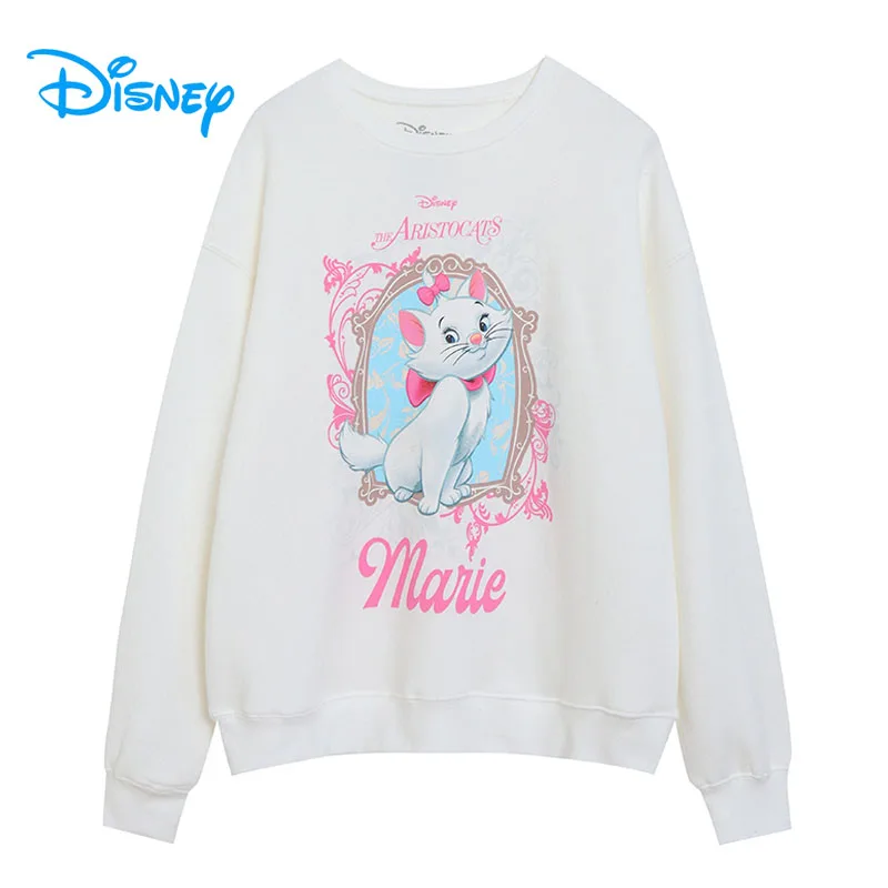 Disney Marie Cat Print Fleece Sweatshirt Women Casual O Neck Pullover Tops Cute Cartoon Long Sleeve Jumper Female Streetwear