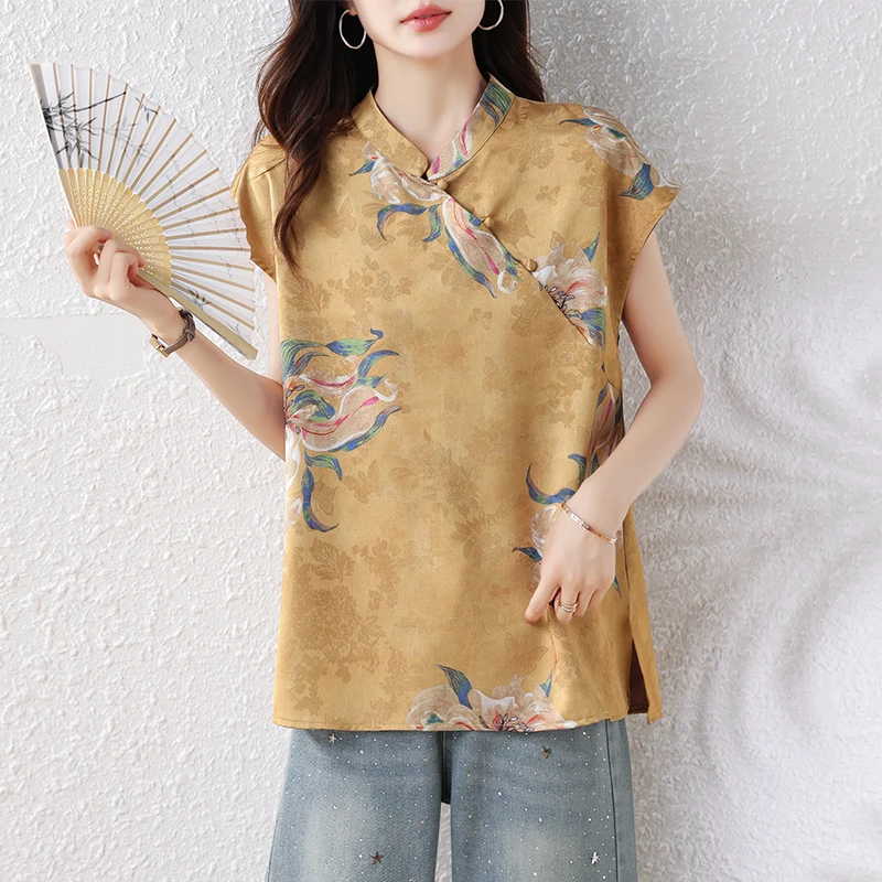 

Новинка 2025, китайский Sle с цветочным принтом, ort Sve irt, женская летняя одежда для мам, модифицированный топ Qipao в стиле ретро, тонкий свободный крой...