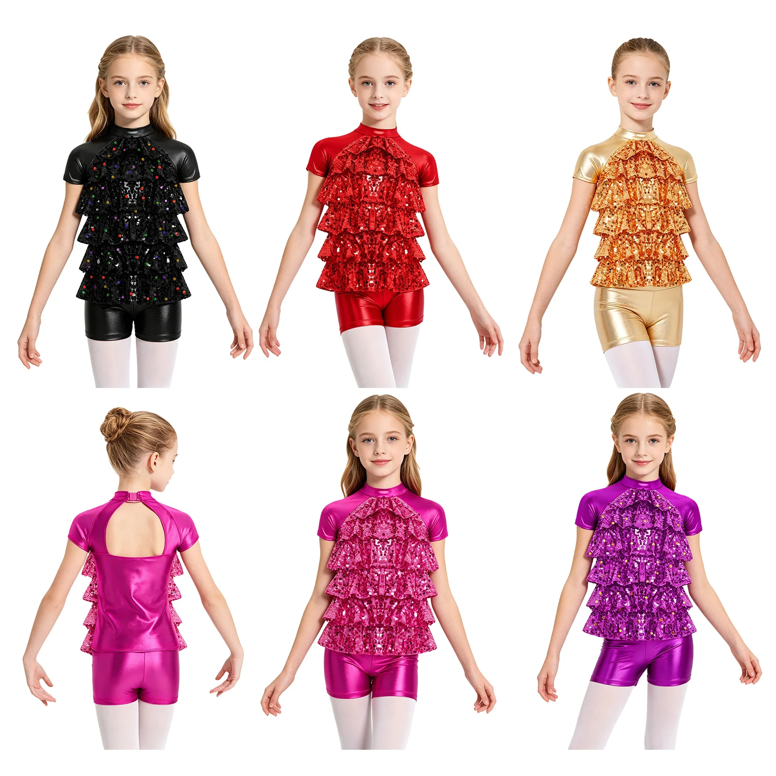 Kids Girls Metallic Modern Jazz Dance Outfit Short Sleeve Sequins Tiered Ruffle Top with Shorts Cheerleading Hip Hop Streetwear 5