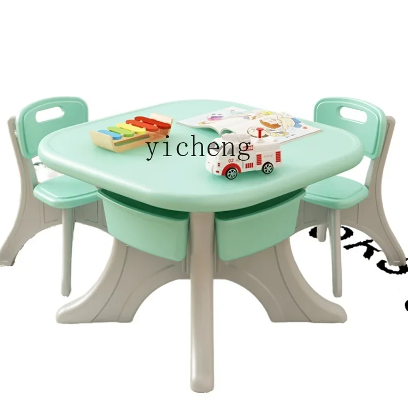 

Tqh Kindergarten Desk Children's Tables and Chairs Suit Household Toy Plastic Gaming Table Learning Writing Desk