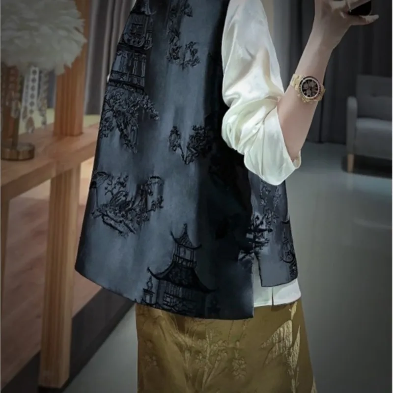 New Chinese Style Women's Embroidered Vest Stand Collar Improved National Side Slit Waistcoat Top