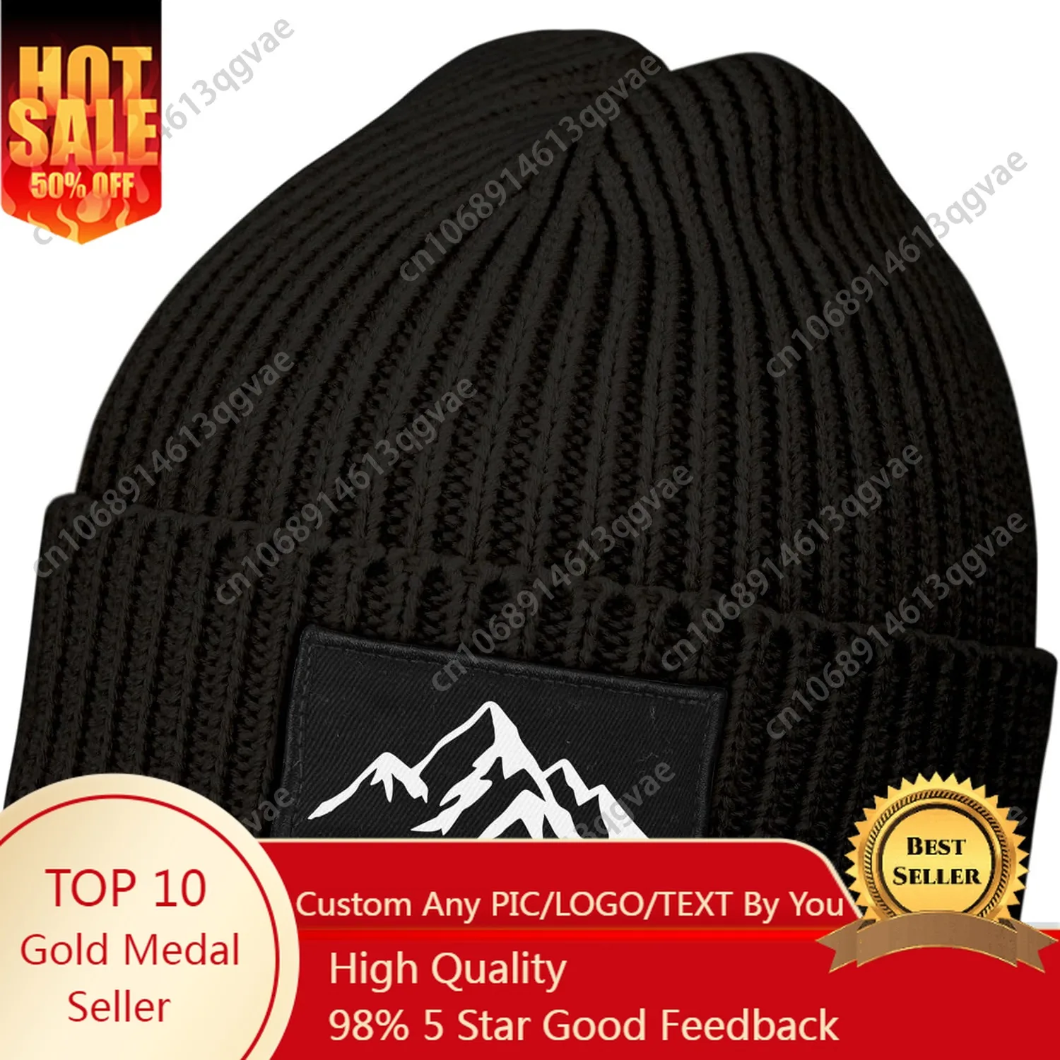 

Neverless Men's Beanie Winter Hat with Patch Mountains Mountain Print Knitted Hat with Envelope Ribbed Knit