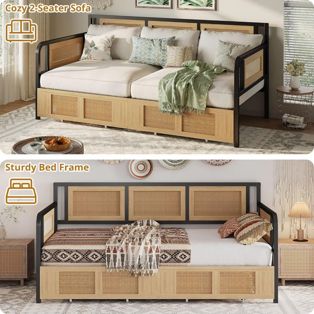 Twin Daybed, Day Bed Frame with Storage Drawers, Rattan Boho Corner Bed Frames with Strong Supports, Sofa DayBed for Living