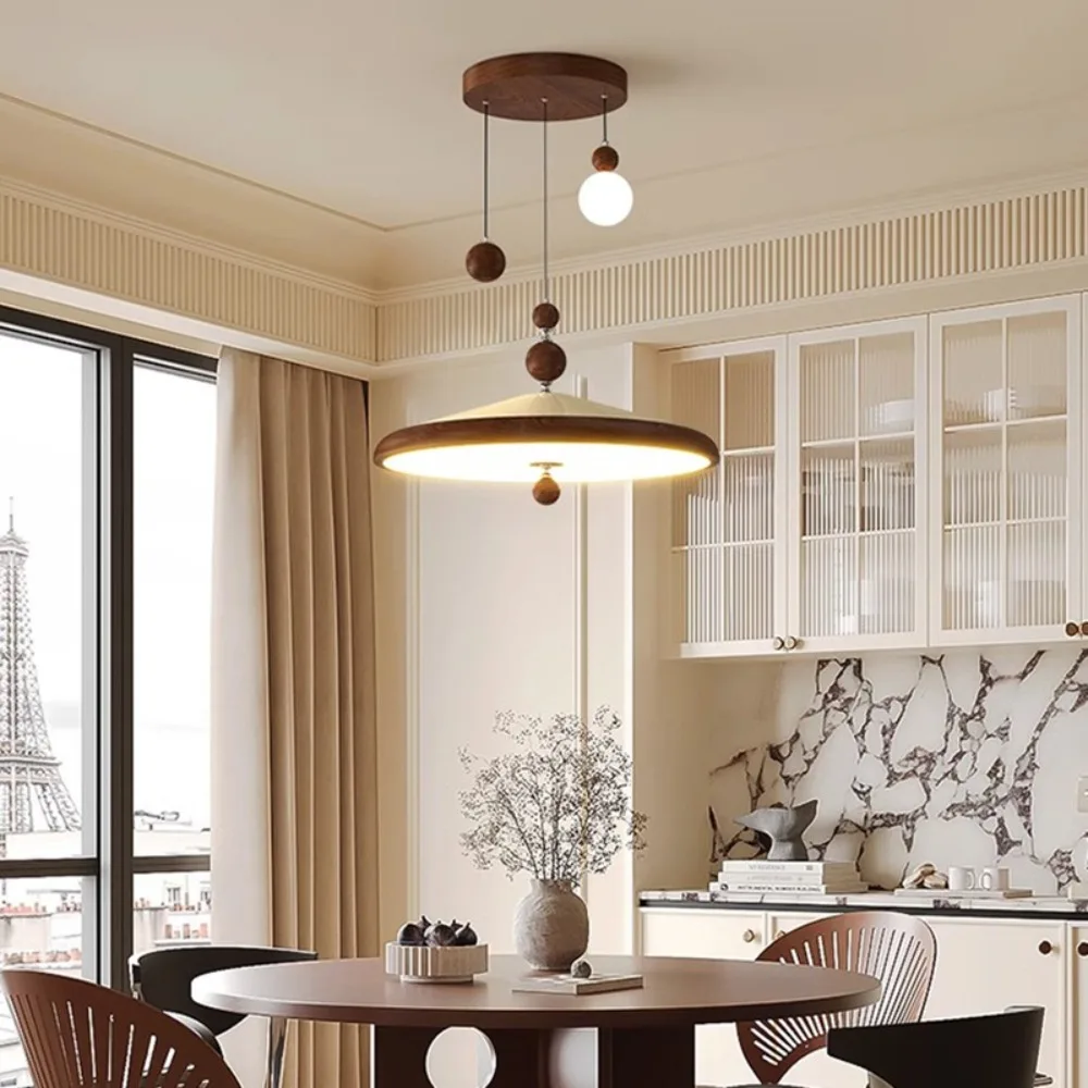 Mid Ancient Style Restaurant Pendant Light, French Retro Wrought Iron Study, Round Walnut Colored LED Pendant Light