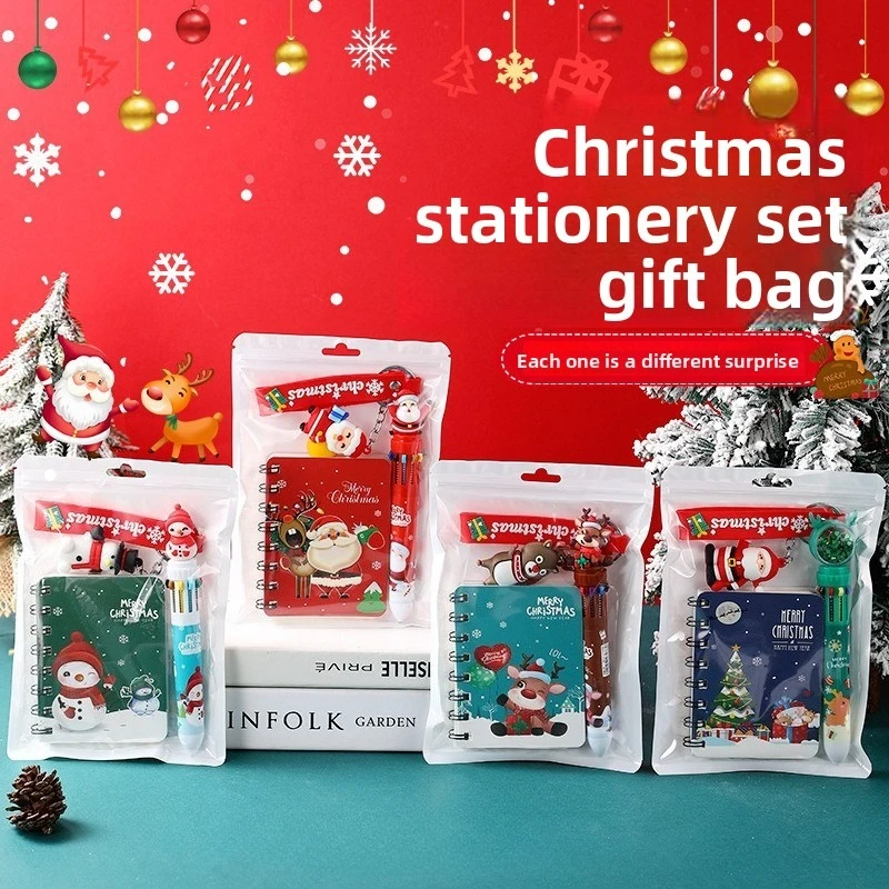 1-10Bags Christmas Gift Stationery Set Notebook Gel Pen Keychain Set Student School Supplies Exam Reward Holiday Gifts