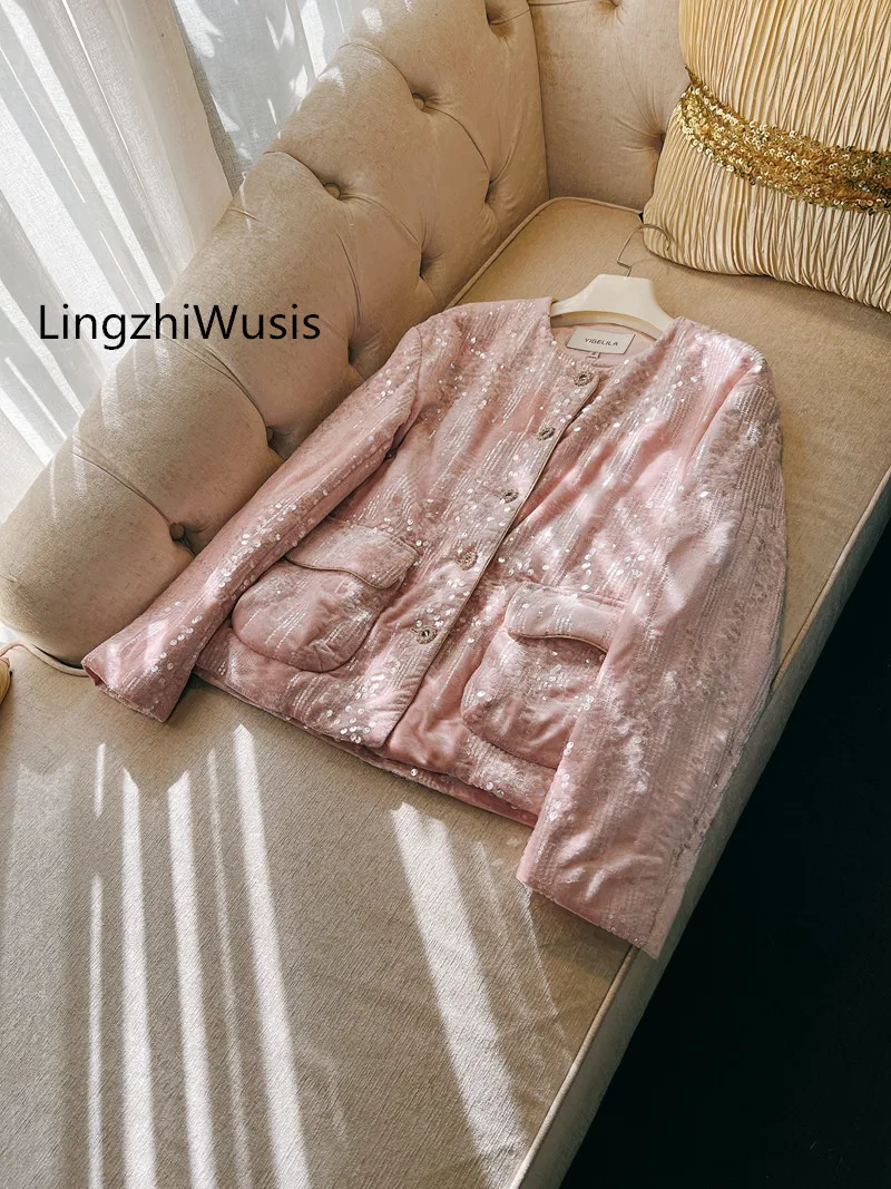 LingzhiWusis Autumn Winter Luxury Sequins Embroidery Velvet Pink Coat Padded Cotton Top Elegant Top Quality Ladies Outerwear New