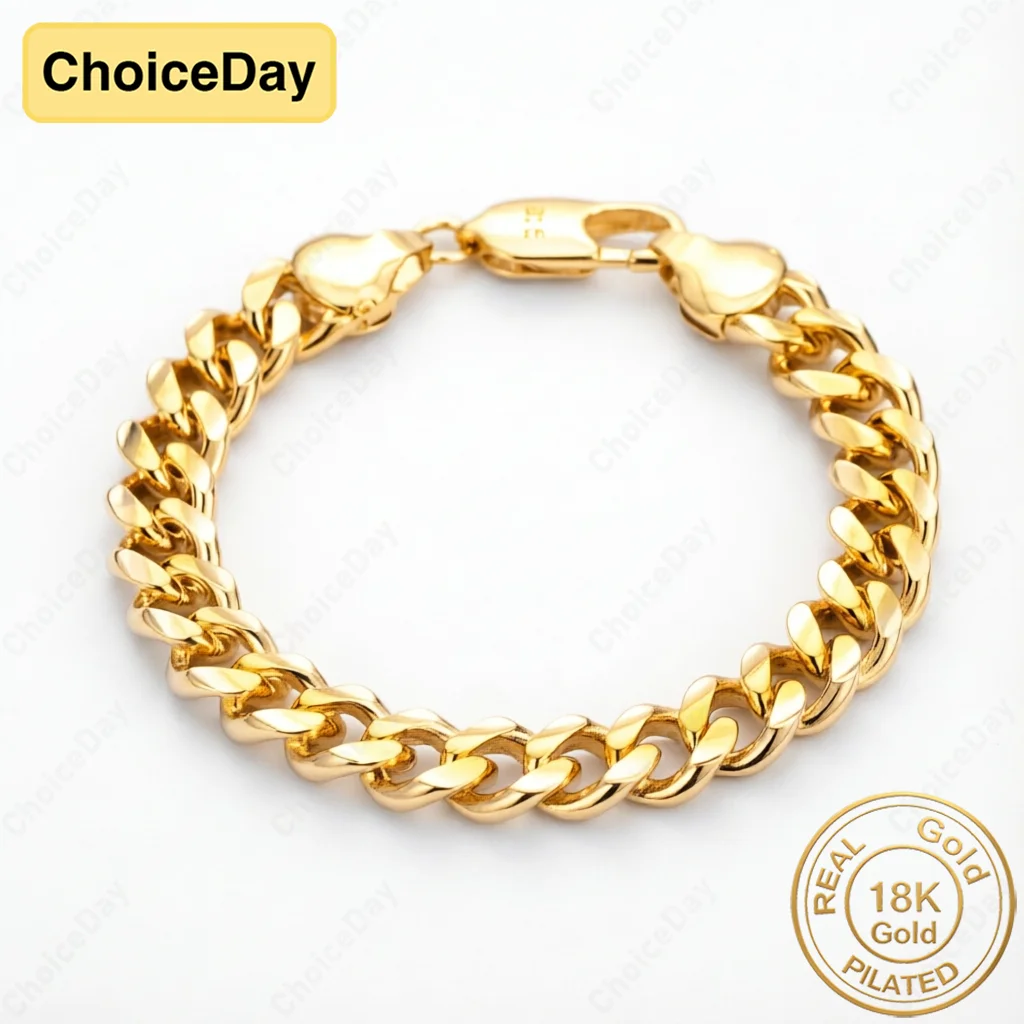18K Gold Plated Exquisite Chunky Cuban Bracelet for Men and Women, Fashionable Hip Hop Party Gift Accessories