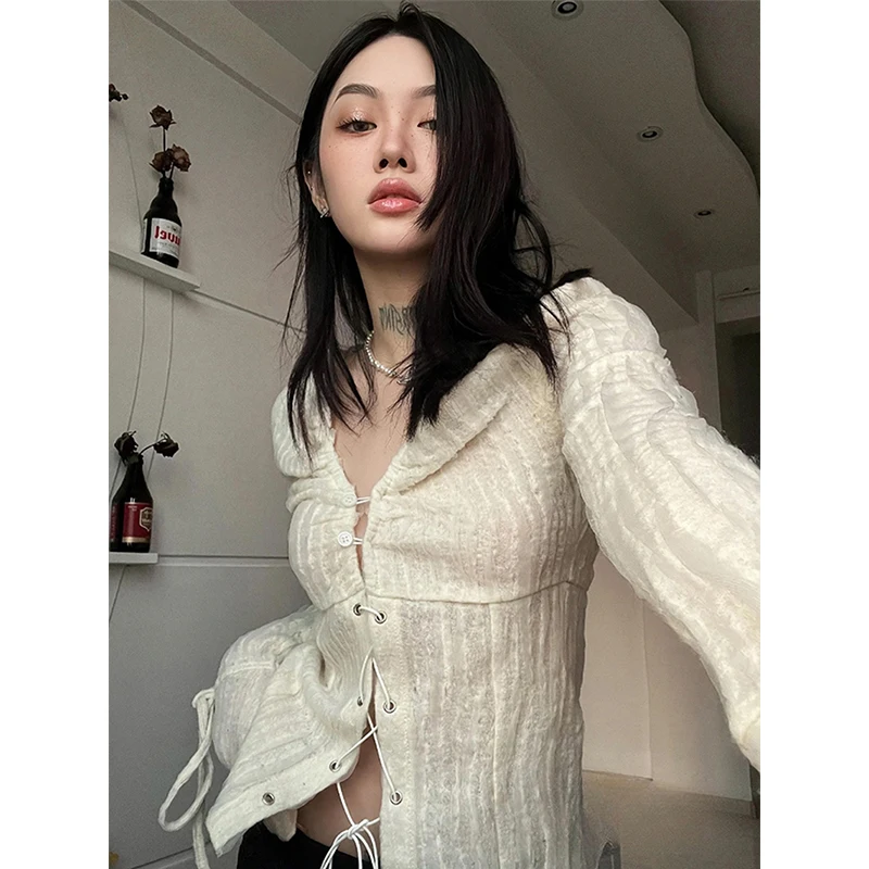 MEXZT Y2K Cropped Shirts Women Vintage Sexy V Neck Bandage Blouses Fairycore Aesthetic Flare Long Sleeve Lace Up Tunic Tops New