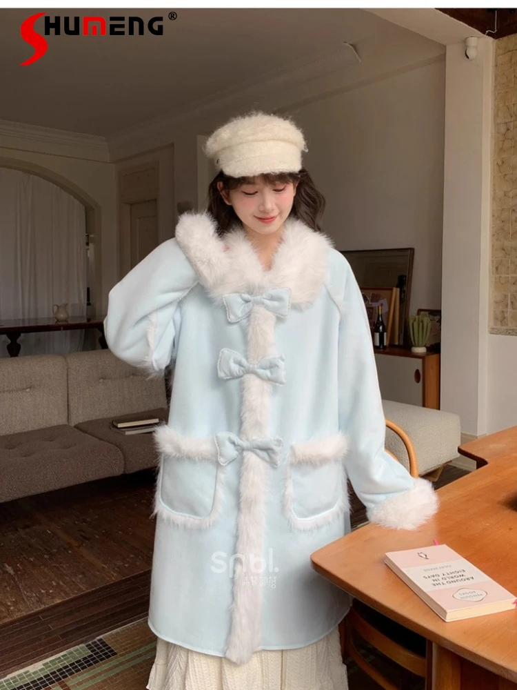 

Japanese Style Elegant Sweet Girl Plush Loose Overcoat Patchwork Doll Collar Bow Loose Versatile Long Jackets Coat Women Winter