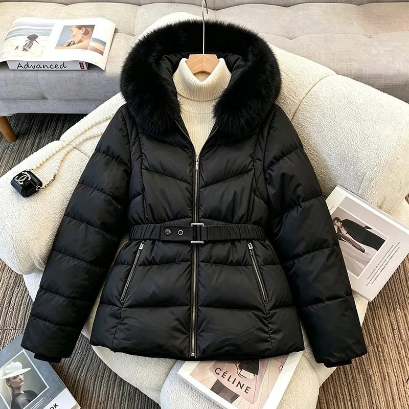 Women Removable‑Sleeve Winter Puffer Jacket Large Faux Fur Hood Waist Belt Zipper Closure Side Pockets Warm Outer Garment 2026