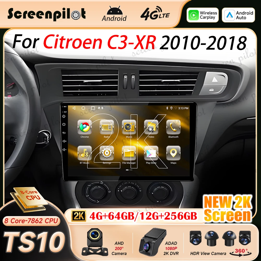 10 Inch Android 16 Car Radio Stereo For Citroen C3-XR 2010 2011 2012-2018 2K QLED Multimidia Player GPS Carplay Android Auto RDS
