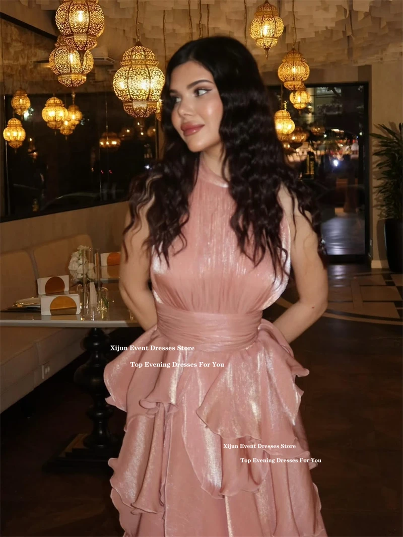 ซีจุนสีชมพูเงาชุดราตรียาวชั้นแขนกุดชุดราตรีซาอุดีอาระเบียอย่างเป็นทางการเอ-ไลน์ชุดราตรีที่กำหนดเอง