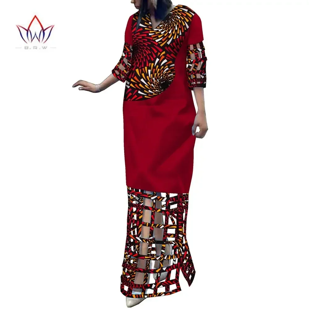 African Women Hollow Dresses Free Customize Ankara Dashiki Lady Party Clothes Half Sleeve V Neck Dress Cotton Print Wy10499